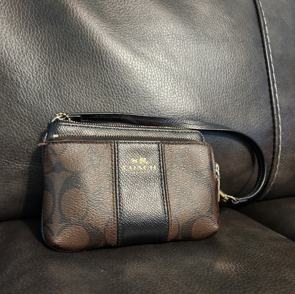 Black and Dark Brown Coach Double Corner Zip Wristlet